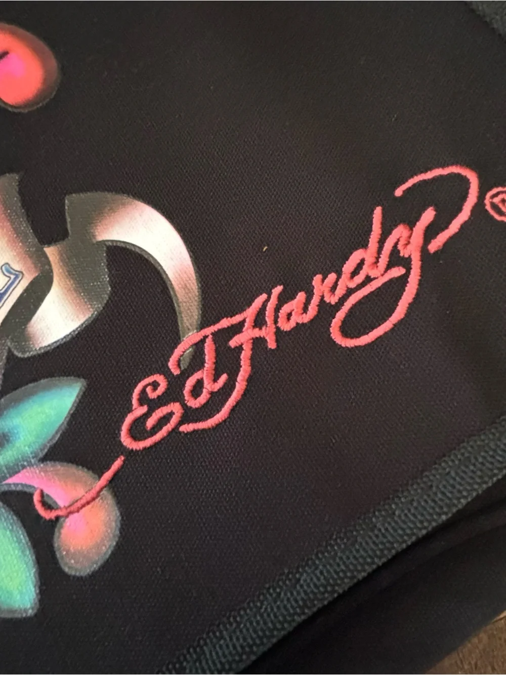 Ed Hardy Black Messenger Bag with Colorful Tattoo Heart and Rose Graphic